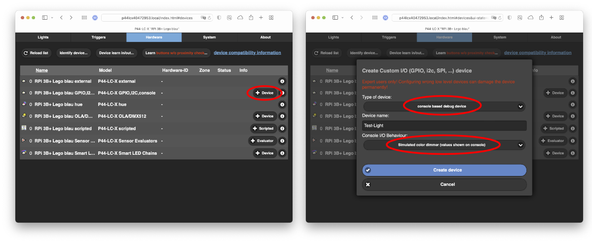 Simulated color lamp with console output